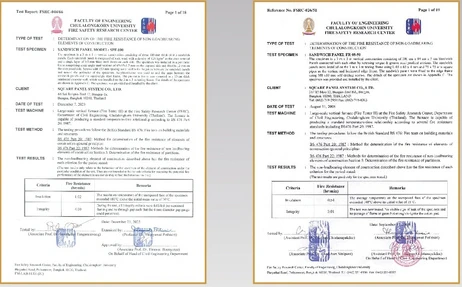 Chulalongkorn University fire test reports for SQUAREROCK Rockwool panel: fire testing on wall 100 mm and wall 50 mm