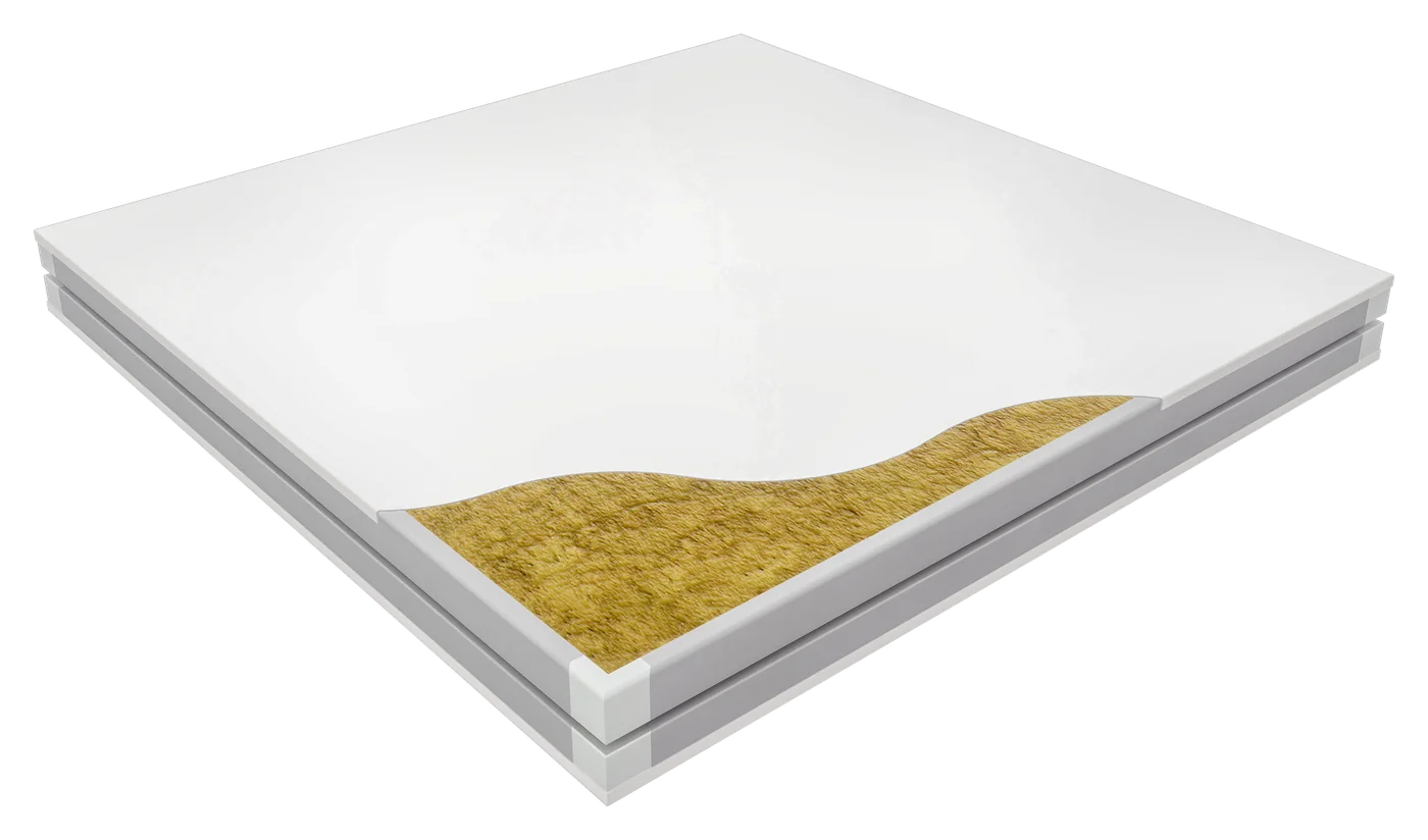 SQUAREROCK Rockwool panel cut-away showing the mineral wool core inside PPGI steel facings