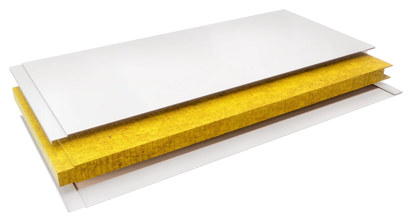 Exploded view of a SQUAREROCK Rockwool panel: top PPGI steel sheet, yellow mineral wool core and bottom PPGI steel sheet
